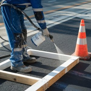 vecteezy worker sprays white paint onto wooden frame road 53745758